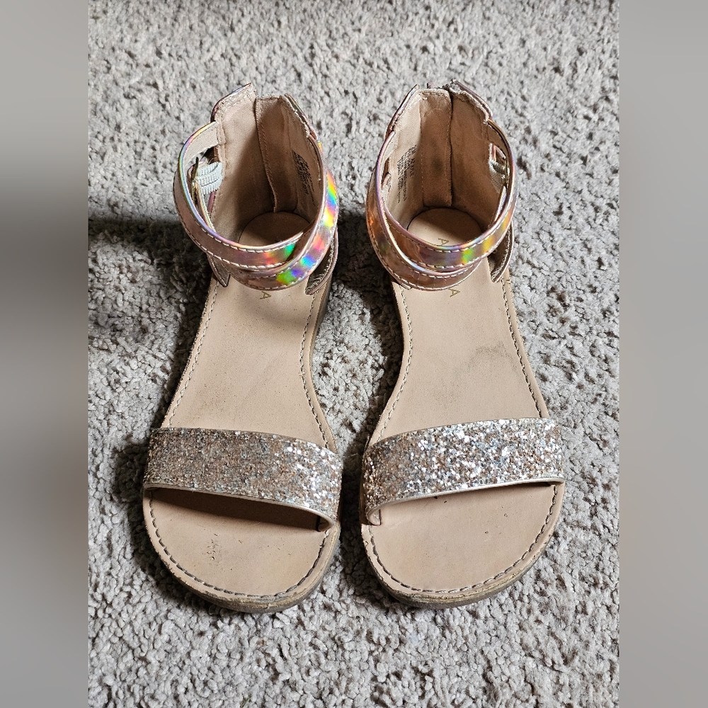 Girls Flip Flops Sandals Shoes Size 2 Arizona - Brown Sparkle w/ Rainbow Straps